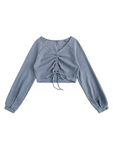 Floerns Women s Plus Size Long Sleeve V Neck Drawstring Crop Top T Shirts Blue 4XL
