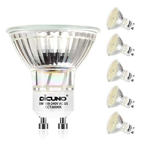 DiCUNO GU10 LED Bulbs 5W Daylight White 6000K  500lm  120 Degree Beam Angle  Spotlight  50W Halogen Bulbs Equivalent  Non-dimmable MR16 LED Light Bulbs  6-Pack