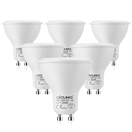 DiCUNO GU10 LED Bulbs 5W Daylight White  6000K  500lm  45 Degree Beam Angle  Spotlight  50W Halogen Bulbs Equivalent  Non-dimmable MR16 LED Light Bulbs  6-Pack