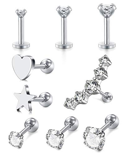 LAURITAMI 16g Stainless Steel Cartilage CZ Stud Earrings for Women Girls Helix Tragus Daith Piercing Jewelry