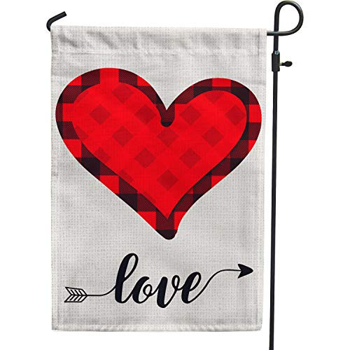 Valentines Day Garden Flag 12x18 Double Sided Burlap Buffalo Check Plaid Hearts  and  Love Flags for Valentine s Day Yard Outside Decoration