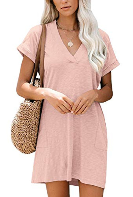 Clarisbelle Women Loose Fit Short Sleeve Swing Tunic Dress V Neck Summer Casual Dresses with Pocket Pink XXL Clarisbelle Women Loose Fit Short Sleeve Swing Tunic Dress V Neck Summer Casual Dresses with Pocket Pink XXL