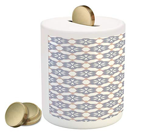 Ambesonne Pastel Piggy Bank  Spring Time Ornamental Layout of Flower Inspired Silhouettes  Ceramic Coin Bank Money Box for Cash Saving  3.6 inch X 3.2 inch  Pale Salmon Ceil Blue and White