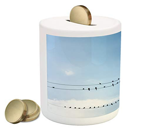 Ambesonne Animal Piggy Bank  Swallows Sitting on Power Cord Relaxing Tranquil Spring Day Clear Sky  Printed Ceramic Coin Bank Money Box for Cash Saving  Pale Blue Black White