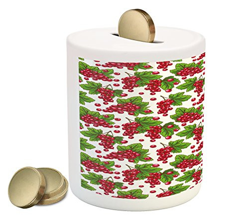 Ambesonne Spring Piggy Bank  Redcurrant Branches with Leaves Grape Harvest Agriculture Fruit Illustration  Printed Ceramic Coin Bank Money Box for Cash Saving  Fern Green Ruby