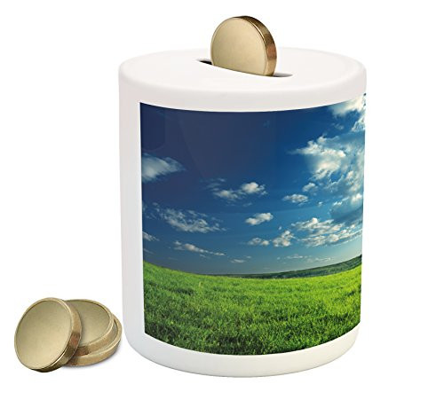 Ambesonne Nature Piggy Bank  Refreshing Meadow Valley Under Cloud Sun Sky Spring Grass Country Image  Printed Ceramic Coin Bank Money Box for Cash Saving  Lime Green Pale Blue