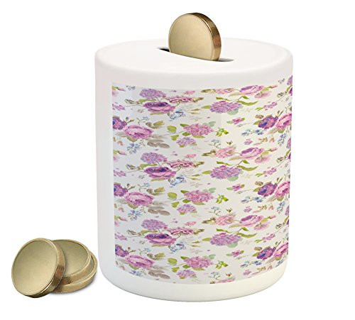 Ambesonne Shabby Flora Piggy Bank  English Roses and Violets Gardening Plants Inflorescence Twigs Spring Buds  Printed Ceramic Coin Bank Money Box for Cash Saving  Multicolor