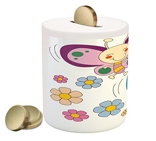 Ambesonne Nursery Piggy Bank  Lilac and Blue Baby Kid Butterflies Flying Between Spring Flowers Cheerful Nature  Printed Ceramic Coin Bank Money Box for Cash Saving  Multicolor