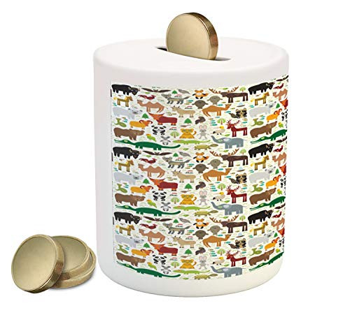 Ambesonne Animals Piggy Bank  Repeating Pattern of Animals Leopard Elephant Bison and Seal Educational Cartoon  Printed Ceramic Coin Bank Money Box for Cash Saving  Multicolor