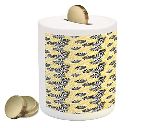 Ambesonne Yellow and Black Piggy Bank  Foliage Leaves Pattern Bicolor Exotic Nature Design Spring Season  Printed Ceramic Coin Bank Money Box for Cash Saving  Yellow and Black