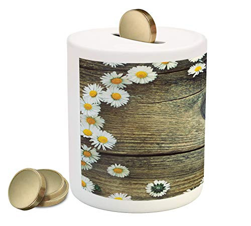 Ambesonne Rustic Wood Piggy Bank  Composition with Fresh Spring Season Daisies Blossoming Nature Foliage Design  Printed Ceramic Coin Bank Money Box for Cash Saving  Multicolor