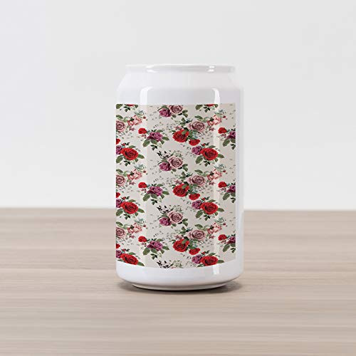 Ambesonne Shabby Flora Cola Can Shape Piggy Bank  Summer Spring Romantic Valetines Day Themed Flowers Rose Leaf  Ceramic Cola Shaped Coin Box Money Bank for Cash Saving  Forest Green Red and Lilac