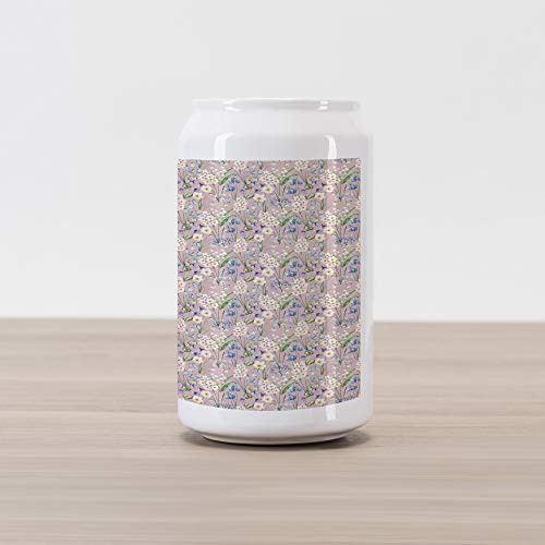 Ambesonne Spring Cola Can Shape Piggy Bank  Summer Field Farm Flowers Blooms Daisies Leaves Lilac Tulips Art Print  Ceramic Cola Shaped Coin Box Money Bank for Cash Saving  Lilac Blue and White