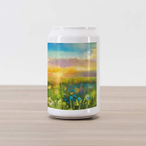 Ambesonne Art Cola Can Shape Piggy Bank  Dandelion Cornflower Daisy Blooms in The Meadow Field Before Sunset Spring Landscape  Ceramic Cola Shaped Coin Box Money Bank for Cash Saving  Multicolor
