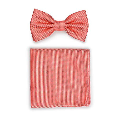 Bows-N-Ties Men s Pre-Tied Solid Bow Tie and Pocket Square Set Matte Micro-Texture Finish -Neon Coral-