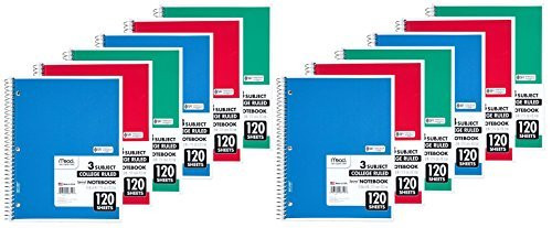 Mead Spiral Notebook, 3 Subject, College Ruled, 120 Sheets, 11" x 8.5", Assorted Colors, 12 Pack