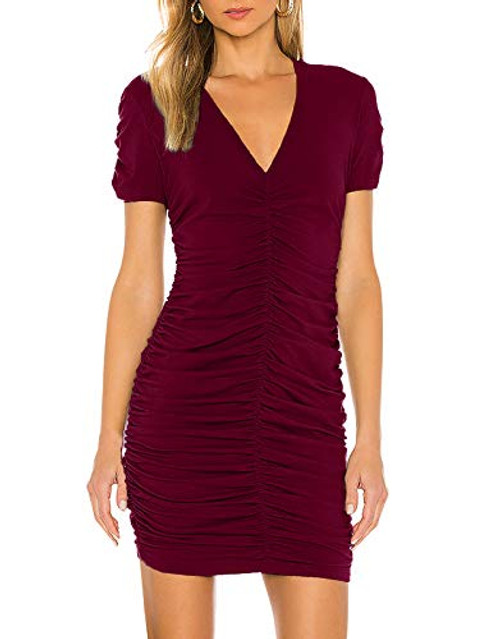 AOOKSMERY Womens Casual Party V-Neck Short Sleeve Ruched Stretchy Elegant Mini Bodycon Dress Wine -L- AOOKSMERY Womens Casual Party V-Neck Short Sleeve Ruched Stretchy Elegant Mini Bodycon Dress Wine -L-
