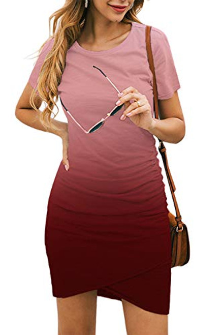 NSQTBA Womens Dresses Summer Short Sleeve Round Neck Casual Bodycon Ruched Mini Ombre Dress Wine S NSQTBA Womens Dresses Summer Short Sleeve Round Neck Casual Bodycon Ruched Mini Ombre Dress Wine S