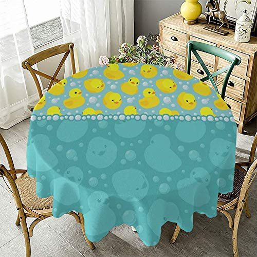 Thicken Round Table Clothes Rubber Duck Cute Yellow Cartoon Duckies Swimming in Water Pattern with Fun Bubbles Aqua Colors Teal Yellow Tabletop Decorative Washable Polyester 48 inch - 70 inch Diameter