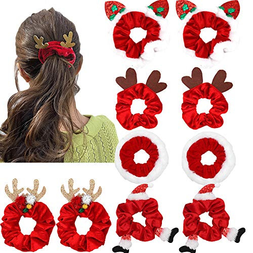 10 PCS Christmas Hair Ties Christmas Hair Scrunchies Elk Santa Claus Elastic Hair Bands Christmas Ponytail Holders Velvet Scrunchies Christmas Women Hair Accessories for Christmas Costume Party