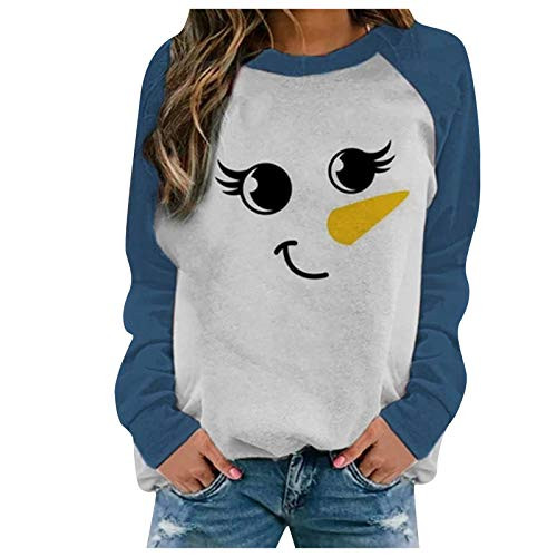 DIOMOR Christmas Women Sweatshirts Jumper O-Neck Patchwork Print Fall Fashion Loose Pullover Blouses Tunic Top Plus Size Blue