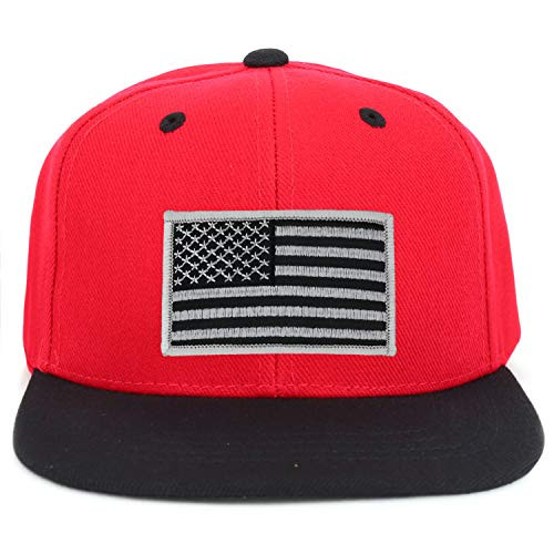 Armycrew Youth Kid s Grey American Flag Patch Flat Bill Snapback 2-Tone Baseball Cap - Red Black