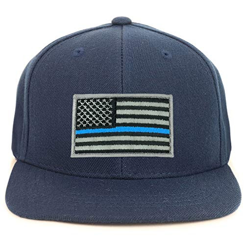 Armycrew Youth Kid Size Thin Blue Line American Flag Patch Flat Bill Snapback Baseball Cap - Navy