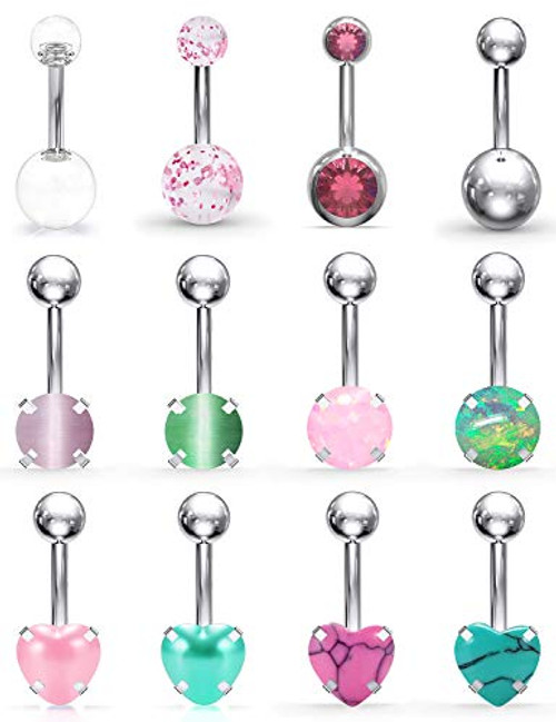 SCERRING Belly Button Rings 14G Stainless Steel Navel Belly Earring Heart Opal Navel Ring Barbell Body Piercing Jewelry 12PCS Pink SCERRING Belly Button Rings 14G Stainless Steel Navel Belly Earring Heart Opal Navel Ring Barbell Body Piercing Jewelry 12PCS Pink
