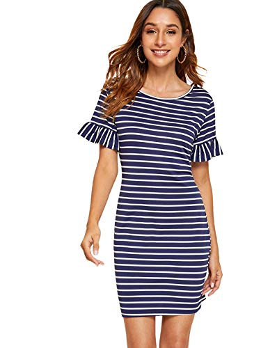 Floerns Women s Summer Casual Ruffle Short Sleeve Tunic Striped T-Shirt Dress Navy Blue M