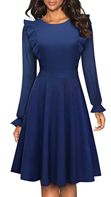 HOMEYEE Women s Vintage Ruffle Flared A Line Swing Casual Cocktail Party Dresses-8  Dark Blue-