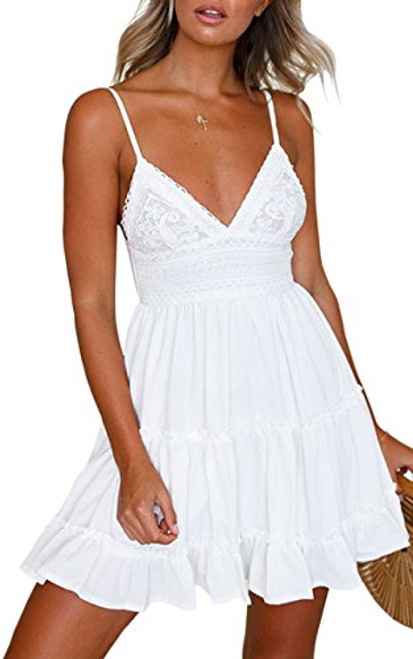 ECOWISH Womens V-Neck Spaghetti Strap Bowknot Backless Sleeveless Lace Mini Swing Skater Dress White Small