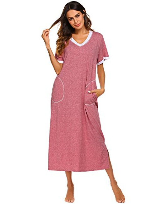 Ekouaer Womens Sleepshirt Short Sleeve Night Dress -Red  Medium-