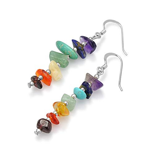 925 Sterling Silver Seven -7- Chakra Gemstones Long Dangle Hook Earrings