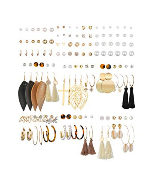 Ofeiyaa 69 Pairs Tassel Earrings Set for Women Girls Cross Dangle Earrings Bohemian Acrylic Hoop Drop Earrings Layered Ball Stud Earring Leather Leaf Earrings