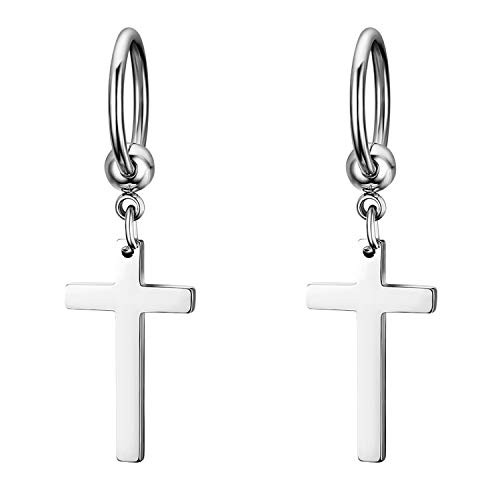 Hoop Cross Earrings Flongo Men s Womens Vintage Stainless Steel Cross Dangle Hinged Hoop Earrings  Hoop Huggie Earrings Cross Drop Dangle Earrings for Christmas Wedding
