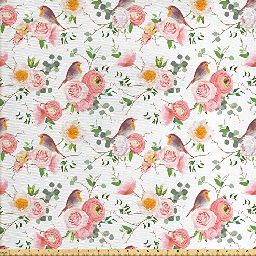 Ambesonne Bird Fabric by The Yard  Print of Rose Floral Romantic Feminine Spring Pastel Tone Forest Elements  Decorative Fabric for Upholstery and Home Accents  1 Yard  Rose Pink