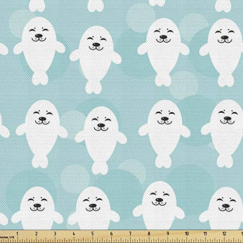 Ambesonne Sea Animals Fabric by The Yard  Baby Seals with Faces Children Smiling Cheerful Kids Theme  Decorative Fabric for Upholstery and Home Accents  1 Yard  Turquoise Pale Blue