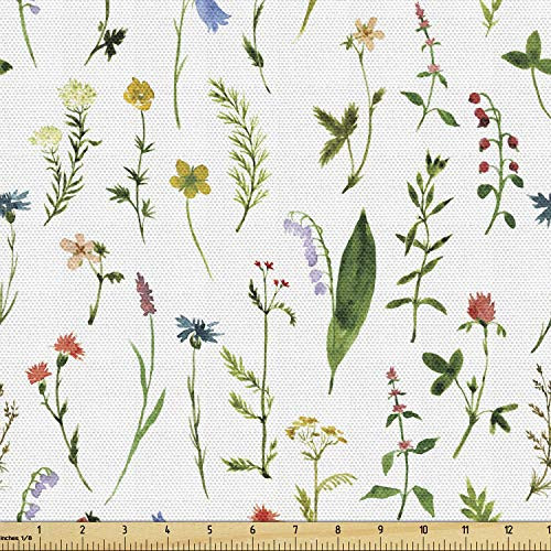 Lunarable Leaf Fabric by The Yard  Flourishing Spring Meadow with Various Wildflowers Nature Themed Watercolor Art  Decorative Fabric for Upholstery and Home Accents  Multicolor