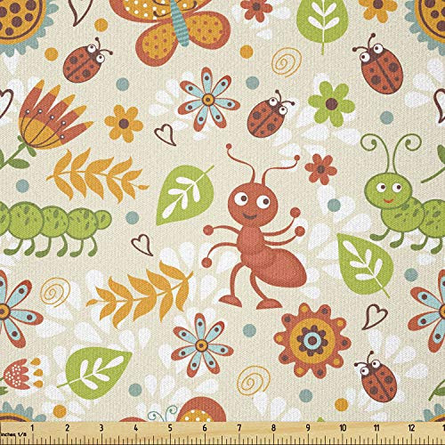 Ambesonne Spring Fabric by The Yard  Jolly Smiling Cartoon Caterpillar and Ants Concept with Spring Flowers and Leaves  Stretch Knit Fabric for Clothing Sewing and Arts Crafts  1 Yard  Orange Green
