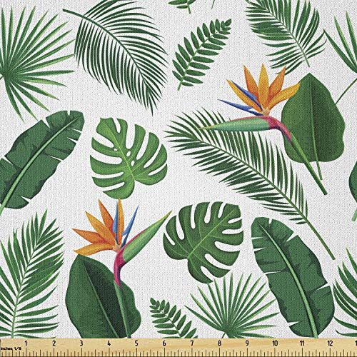 Ambesonne Philodendron Fabric by The Yard  Tropical Leaves with Bird of Paradise Flower  Microfiber Fabric for Arts and Crafts Textiles  and  Decor  1 Yard  Hunter Green Fern Green