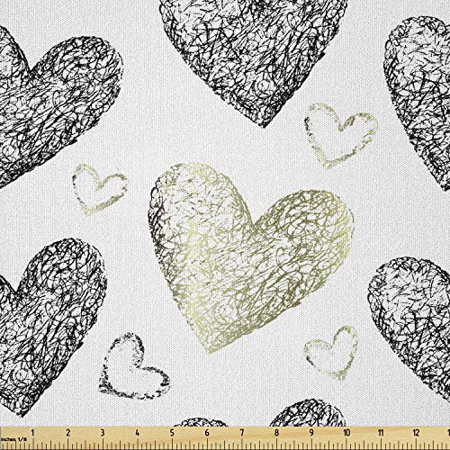 Ambesonne Valentine s Day Fabric by The Yard  Modern Design Hand Drawn Scribbled Heart Motifs  Microfiber Fabric for Arts and Crafts Textiles  and  Decor  1 Yard  Grey Olive Green