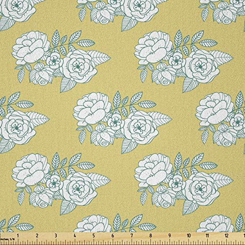 Ambesonne Floral Fabric by The Yard  Graphic Images of Flower Bouquets with Striped Leaves  Microfiber Fabric for Arts and Crafts Textiles  and  Decor  1 Yard  Yellow Blue