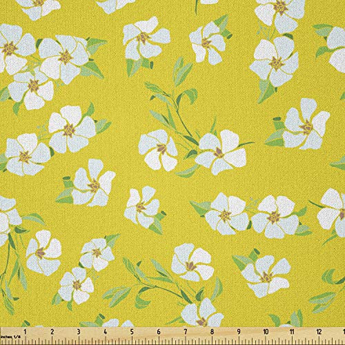 Ambesonne Floral Fabric by The Yard  Illustration of Wildlife Garden Meadow Summer Flowers with Leaves  Microfiber Fabric for Arts and Crafts Textiles  and  Decor  Pale Earth Yellow and White