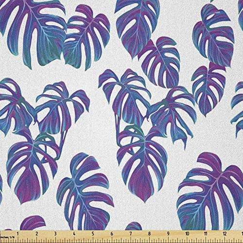 Ambesonne Hawaiian Colors Fabric by The Yard  Retro Style Continuing Pattern of Monstera Leaves Tropic Feels  Microfiber Fabric for Arts and Crafts Textiles  and  Decor  1 Yard  Purple Sea Blue Teal