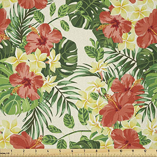Ambesonne Tropical Fabric by The Yard  Exotic Pattern with Plumeria Hibiscus Monstera Palm Flowers and Leaves  Microfiber Fabric for Arts and Crafts Textiles  and  Decor  1 Yard  Red Pale Yellow Green