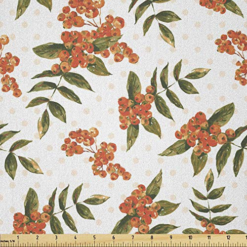 Ambesonne Rowan Fabric by The Yard  Botanical Foliage Nature Pattern with Berries on Soft Pink Dots  Microfiber Fabric for Arts and Crafts Textiles  and  Decor  1 Yard  Dark Green Orange Pale Pink