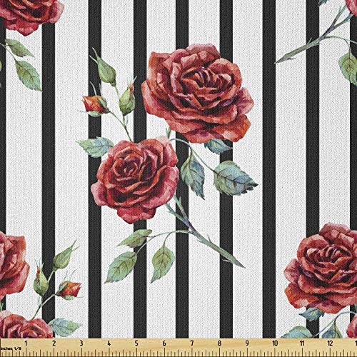 Ambesonne Watercolor Fabric by The Yard  Rose Pattern with Vertical Stripes Pattern Romantic Valentines Day  Microfiber Fabric for Arts and Crafts Textiles  and  Decor  Ruby Reseda Green Black