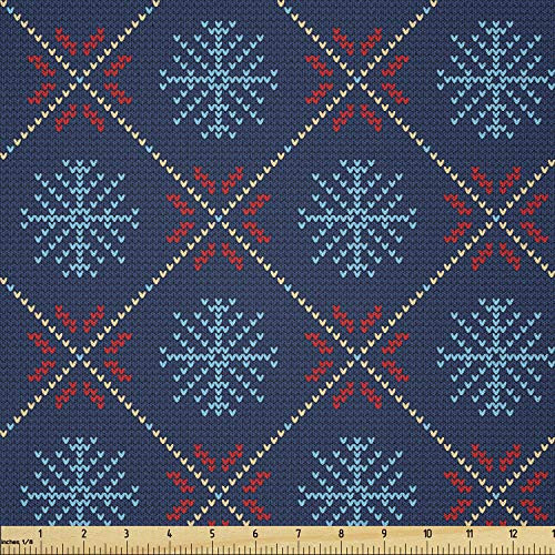 Ambesonne Nordic Fabric by The Yard  Checkered Pattern with Vintage Snowflake Motifs Norwegian Traditional Xmas  Microfiber Fabric for Arts and Crafts Textiles  and  Decor  1 Yard  Blue Beige Scarlet