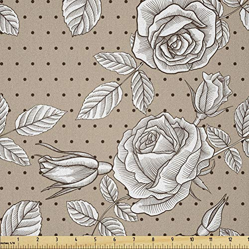 Ambesonne Botanical Fabric by The Yard  Vintage Pattern with Outline Sketch Roses with Polka Dots Print  Microfiber Fabric for Arts and Crafts Textiles  and  Decor  1 Yard  Tan Chestnut Brown