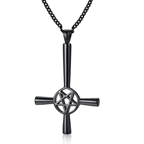 FAANCU Inverted Pentagram Cross Necklace Black Stainless Steel Upside Down Lucifer Satan Satanic Symbol Pendant with 24 inch Cuban Chain Set FAANCU Inverted Pentagram Cross Necklace Black Stainless Steel Upside Down Lucifer Satan Satanic Symbol Pendant with 24 inch Cuban Chain Set